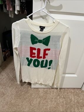 rue21 Cream Holiday Sweater with Red & Green Elf Graphic